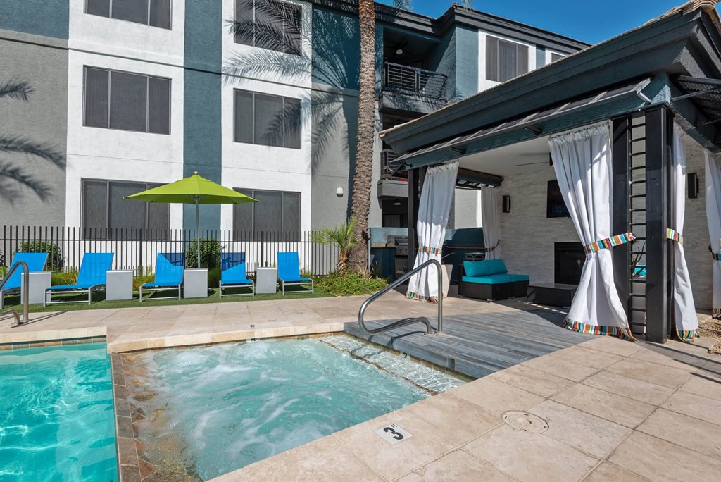 Phoenix apartment building swimming pool and cabanas at Ascent North Scottsdale, Phoenix, AZ, 85054