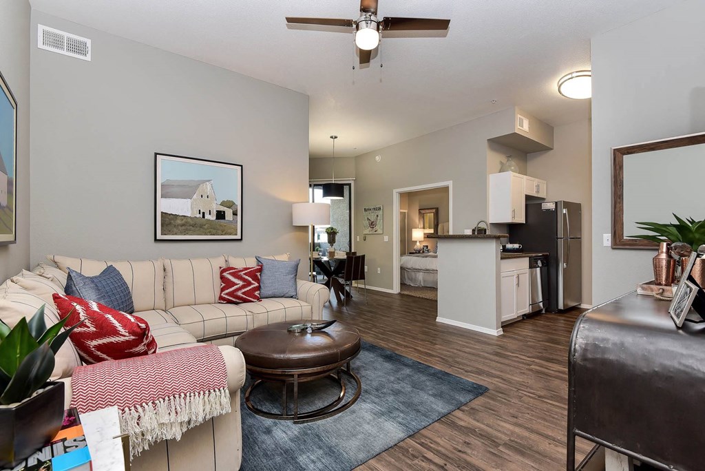 Apartment living room with hardwood floors  at Ascent North Scottsdale, Phoenix