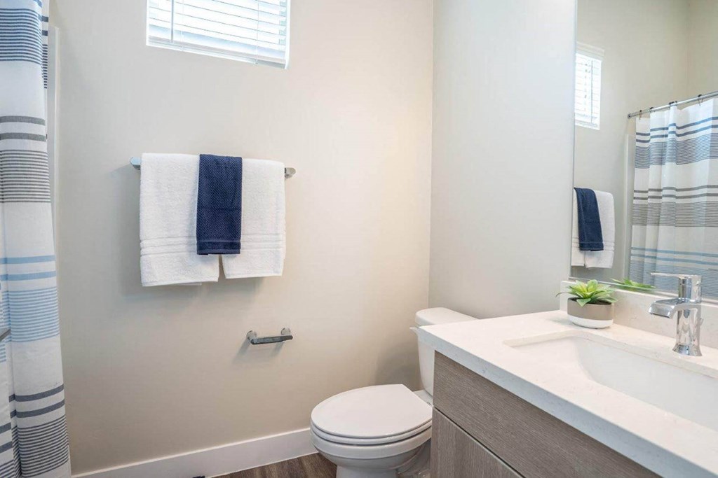 Model bathroom with a toilet and mirrored vanity sink with storage in an apartment at Village Greens of Queen Creek