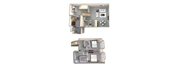 A floor plan of a two-story house with a living room, kitchen, and bedrooms.