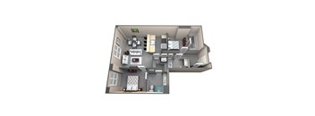 A 3D rendered image of a house layout with furniture and appliances.
