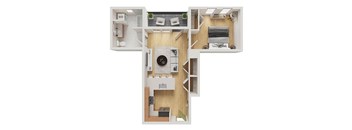 A diagram of a house layout with a kitchen, living room, and bedrooms.