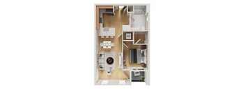 A floor plan of a small apartment with a kitchen, living room, and bathroom.