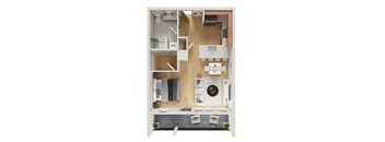 A floor plan of a small apartment with a kitchen, living room, and bathroom.