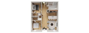A top down view of a small apartment with a kitchen, living room and bathroom.