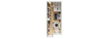 A top down view of a small apartment with a kitchen, living room and bedroom.