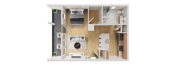 A top down view of a small apartment with a kitchen, living room, and bedroom.