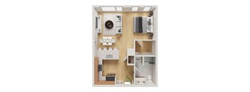 A small apartment with a kitchen, living room, and bathroom.