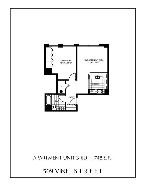 Apartment floor plan for a 3-bedroom unit at 509 Vine Street.