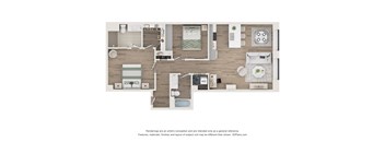 A floor plan of a small apartment with a kitchen, living room, and bathroom.