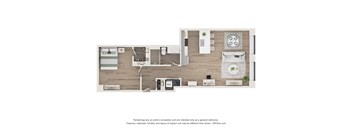 A floor plan of a small apartment with a kitchen, living room, and bathroom.