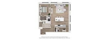 A floor plan of a small apartment with a kitchen, living room, and bathroom.