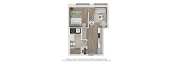 A floor plan of a small apartment with a bedroom, living room, and bathroom.
