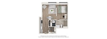 A 3D floor plan of a small apartment with a kitchen, living room, and bathroom.