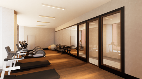 A modern home gym with a variety of equipment.
