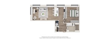 A floor plan of a modern apartment with a kitchen, living room, and bathroom.