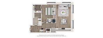 A floor plan of a kitchen and living room with a dining table and chairs.