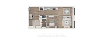 A top-down view of a modern kitchen and living room layout.