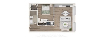 A top-down view of a modern kitchen and living room with a dining table and chairs.