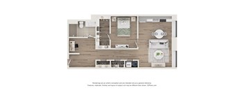 A 3D floor plan of a small apartment with a kitchen, living room, and bathroom.