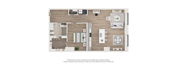 A 3D floor plan of a house with a kitchen, living room, and dining area.