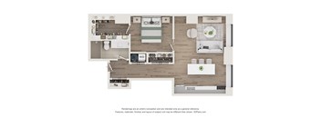 A floor plan of a modern apartment with a kitchen, living room, and bathroom.