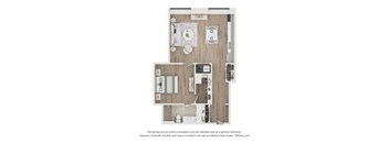 A 3D floor plan of a house with a kitchen, living room, and bathroom.
