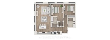 A floor plan of a kitchen and living room layout.