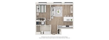 A floor plan of a kitchen and living room with a dining table and chairs.