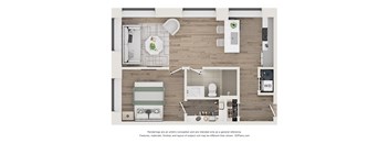 A 3D floor plan of a small apartment with a kitchen, dining area, and bathroom.