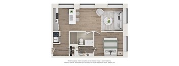 A top-down view of a modern kitchen and dining area layout.