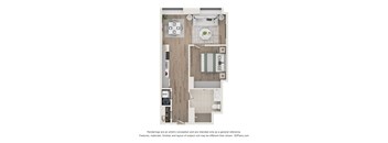 A floor plan of a small apartment with a kitchen, living room, and bathroom.