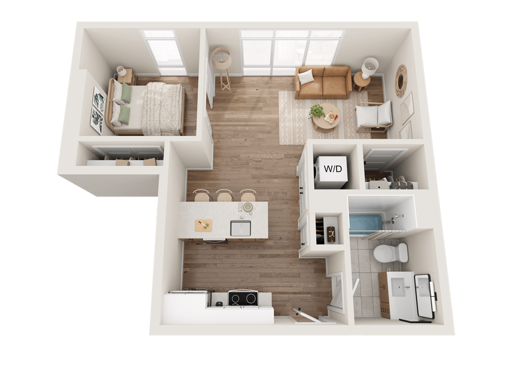 a 3d rendering of a bedroom with a bathroom and a living room