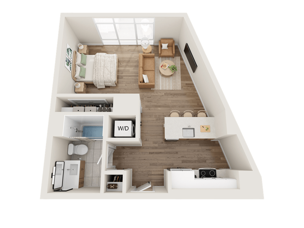 a 3d floor plan of a bedroom with a bathroom and a living room