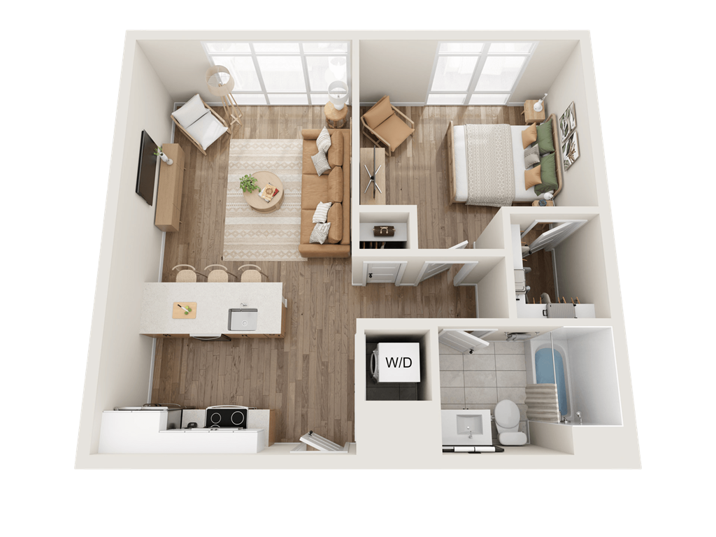 a 3d rendering of a bedroom with a bathroom and a living room