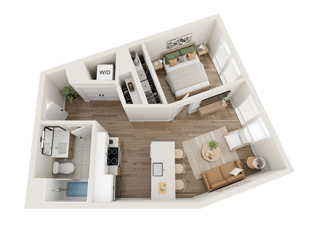 a 3d drawing of a bedroom with a living room