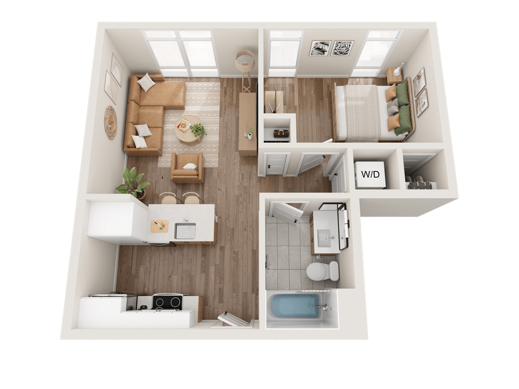 a 3d floor plan of a bedroom with a bathroom and a living room