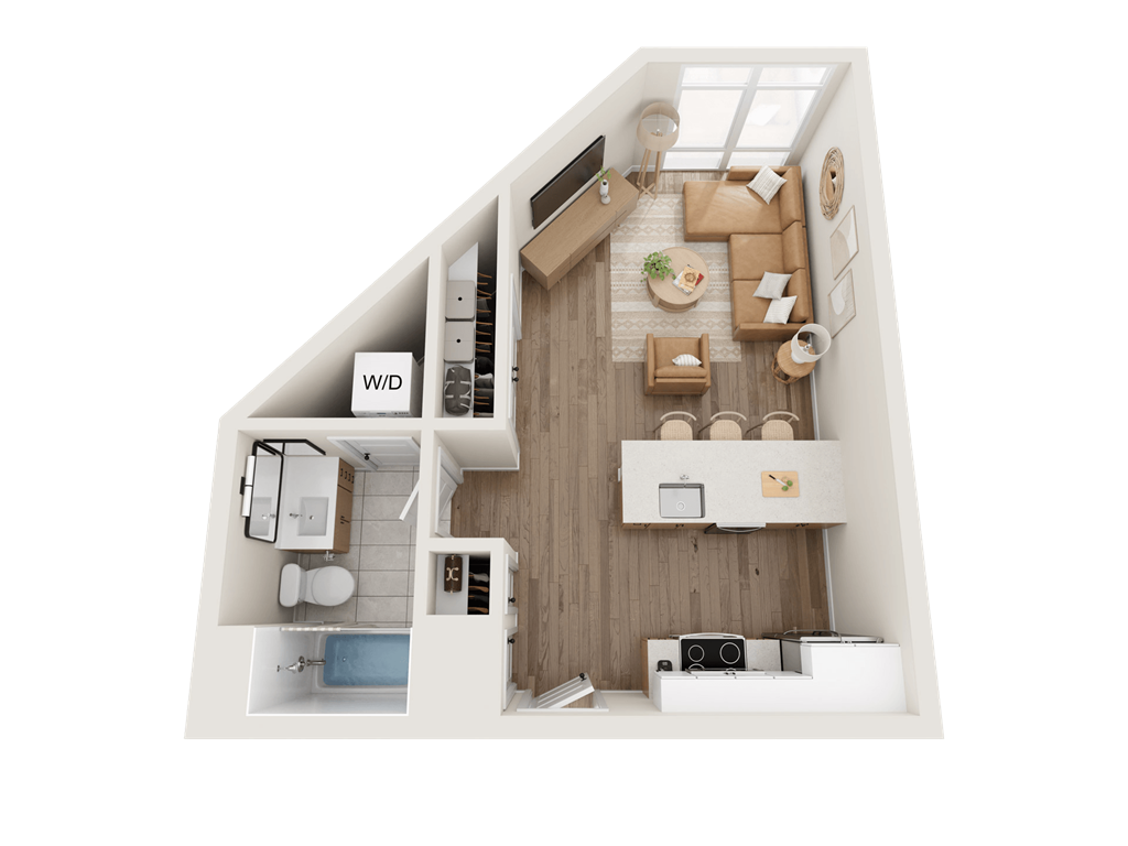 a 3d floor plan of a bedroom with a bathroom and a living room