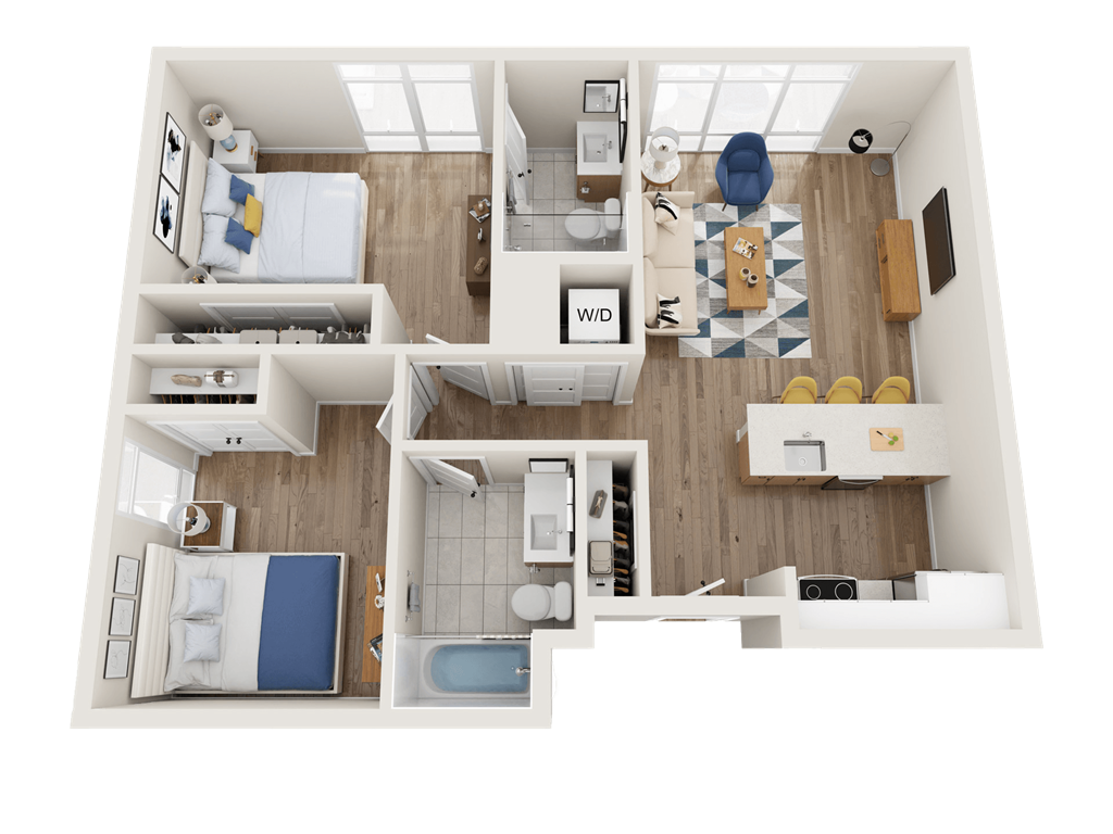 a 3d floor plan of a bedroom with a bathroom and a living room