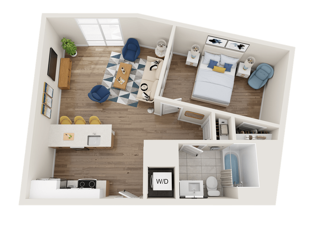 a 1 bedroom floor plan with a bathroom and a living room