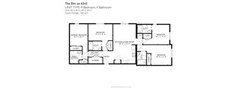 A black and white image of a floor plan for a 4 bedroom, 4 bathroom unit.