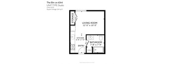 A black and white image of a floor plan for a studio apartment.