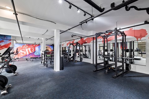 A gym with a variety of equipment including weights and machines.