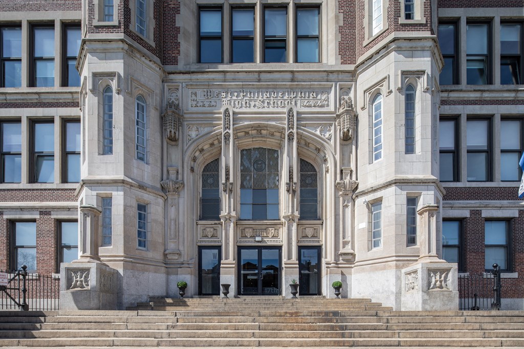 a view of the front of the building from the bottom of the stairs