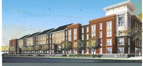 a rendering of a new apartment building on the corner of a street