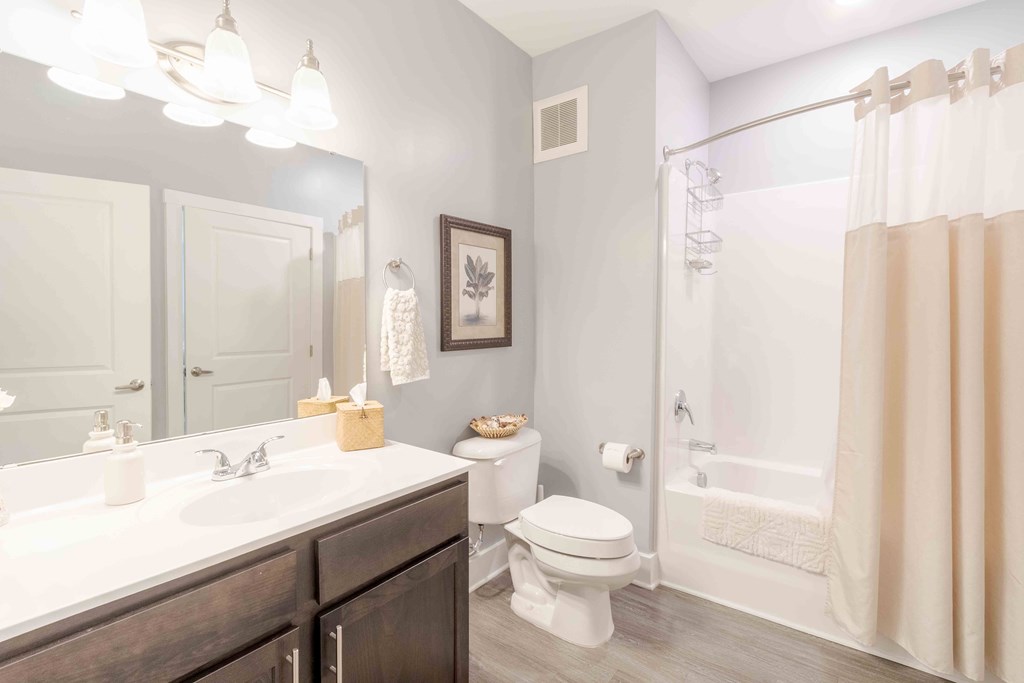 A bathroom with a toilet, sink, and shower. at Bulls Creek, South Carolina, 29414