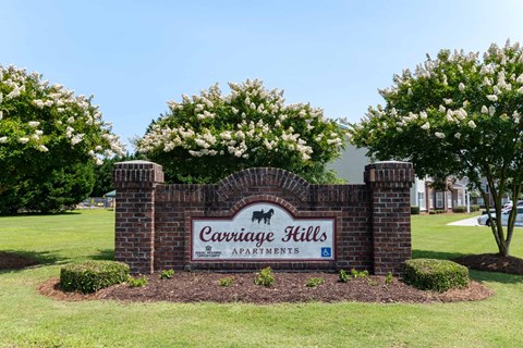 A sign for Carriage Hills Apartments is surrounded by bushes and trees at Carriage Hills, 28358