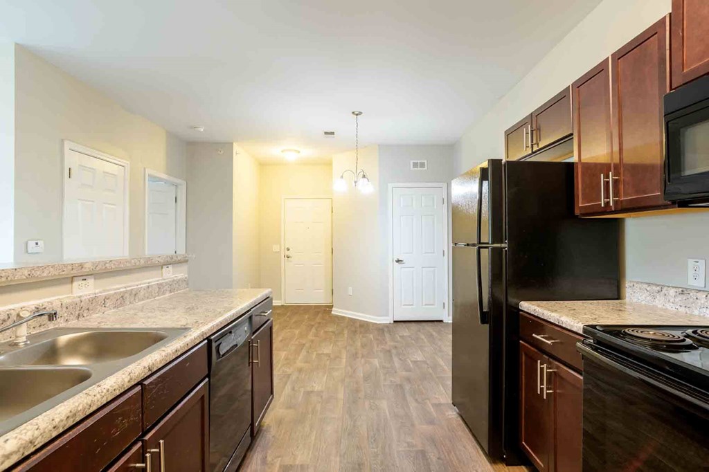 Open-concept kitchen with breakfast bar, double sink, and view into dining and entry area, finished with wood-style flooring at Cedar Terrace Apartments Hendersonville