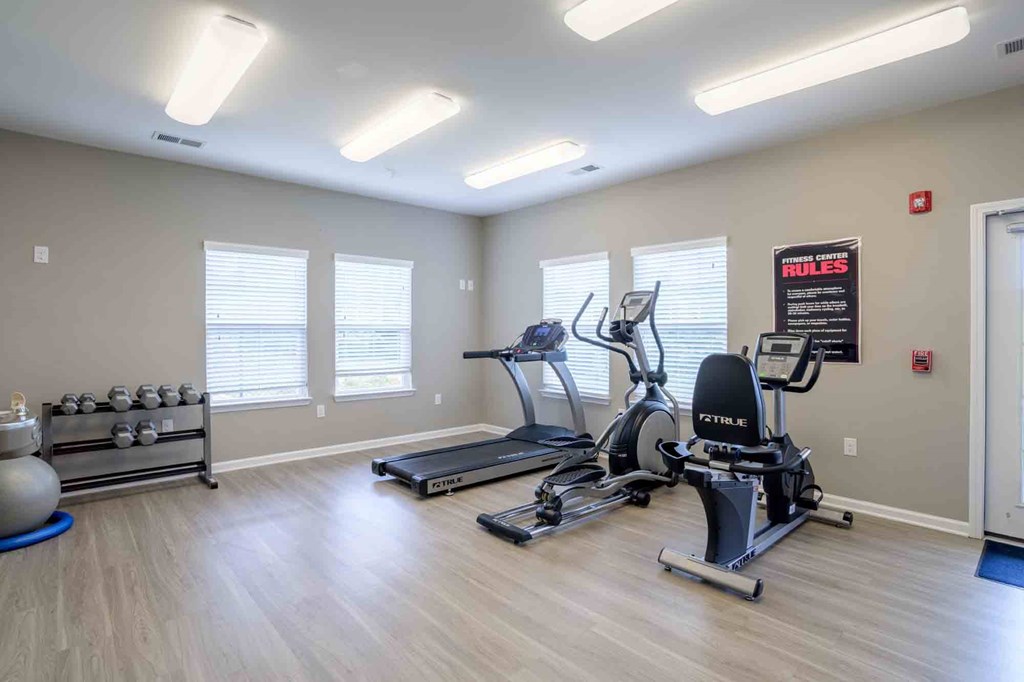 Well-equipped fitness center featuring treadmill, elliptical, recumbent bike, and free weights in a bright, modern space at Cedar Terrace Apartments in 28792