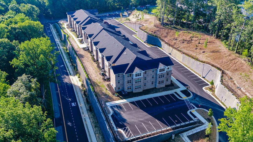 an aerial view of a building from a drone